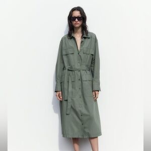 Zara Khaki Green Multi-positional Shirt Dress